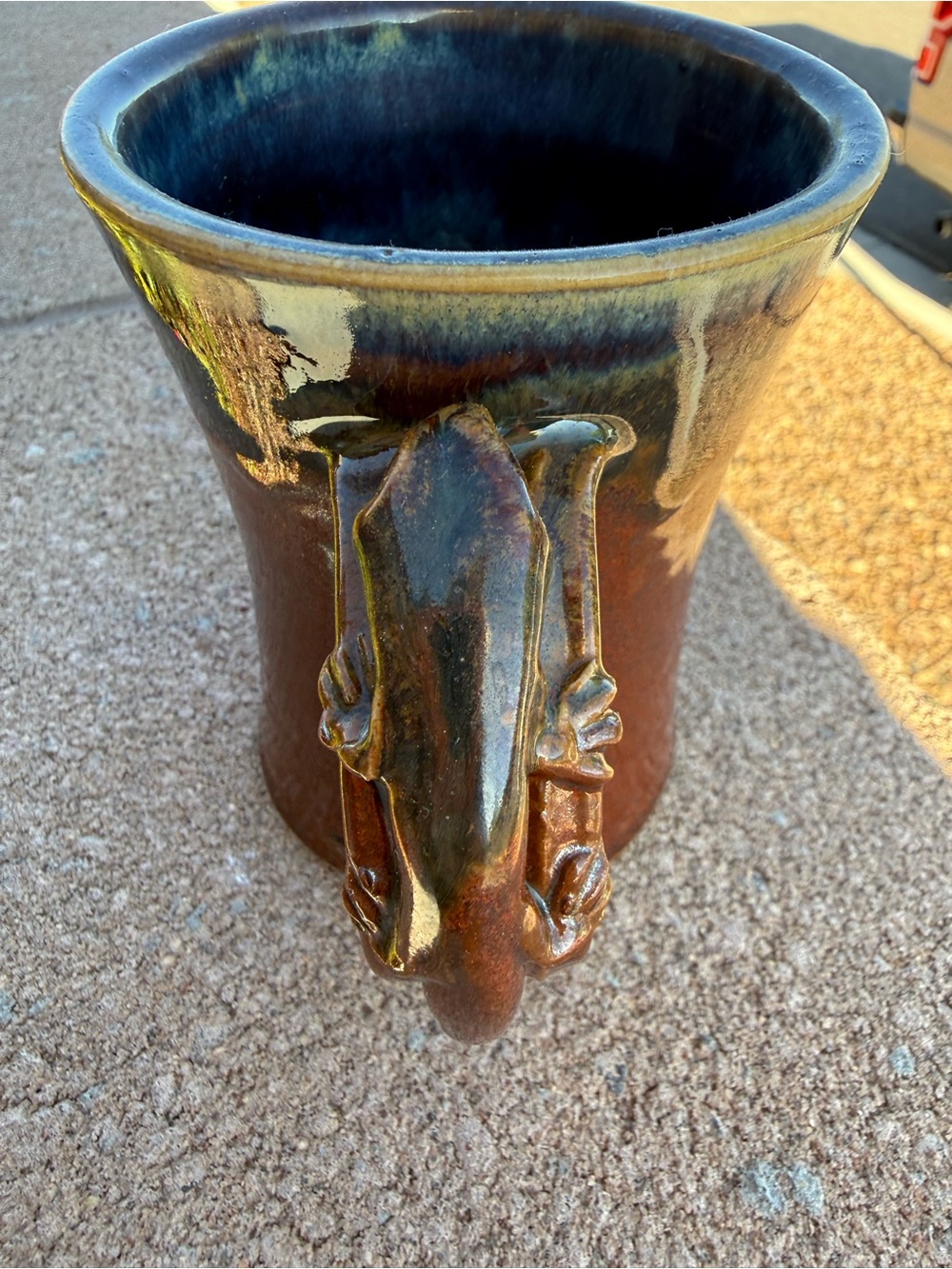 Handmade Stoneware Lizard Handle Coffee Mug | Artist Signed Blue Brown Drip Glaz